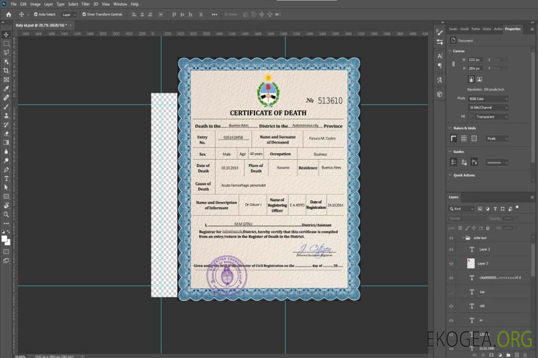 Modèle PSD de certificat de décès en Argentine template Modèle PSD de certificat de décès en Argentine template